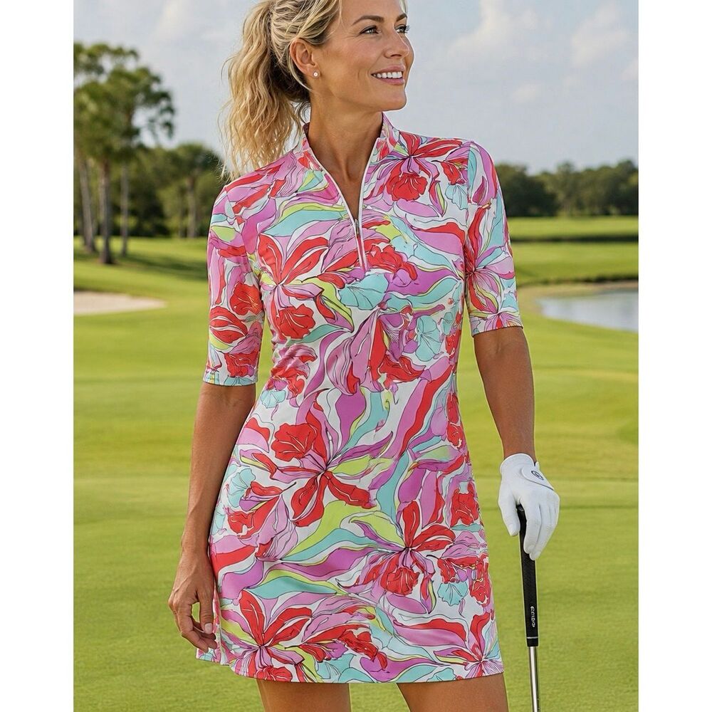 Tail Zaya Golf Dress "Painted Petals" Print 1/4 Zip Sz S Athleisure Pickleball